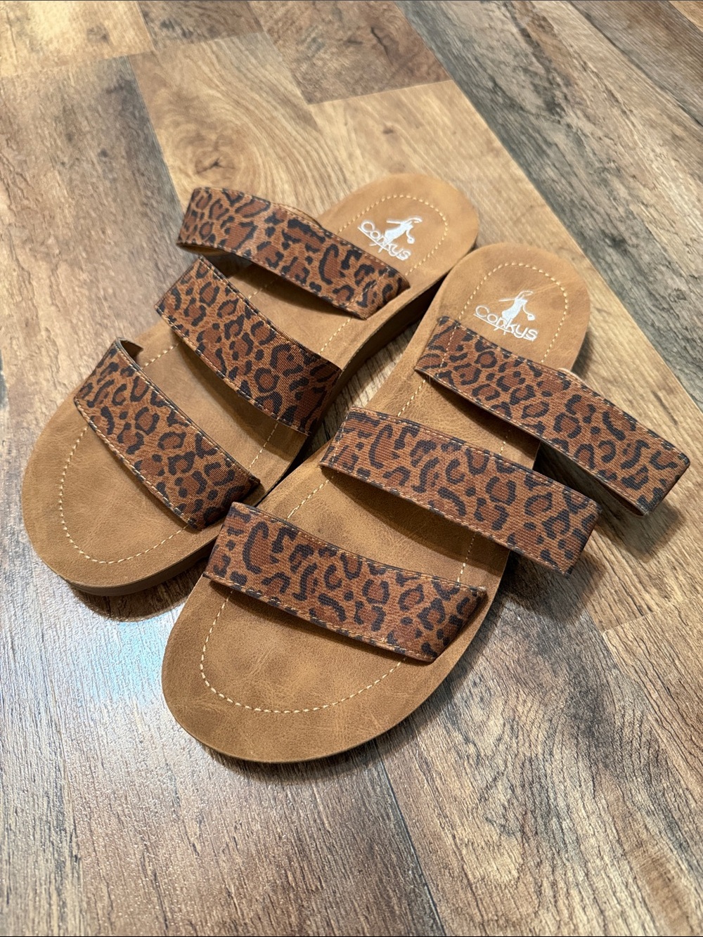 Corkys Dafne Leopard Print Triple-Strap Slides - Tan/Brown